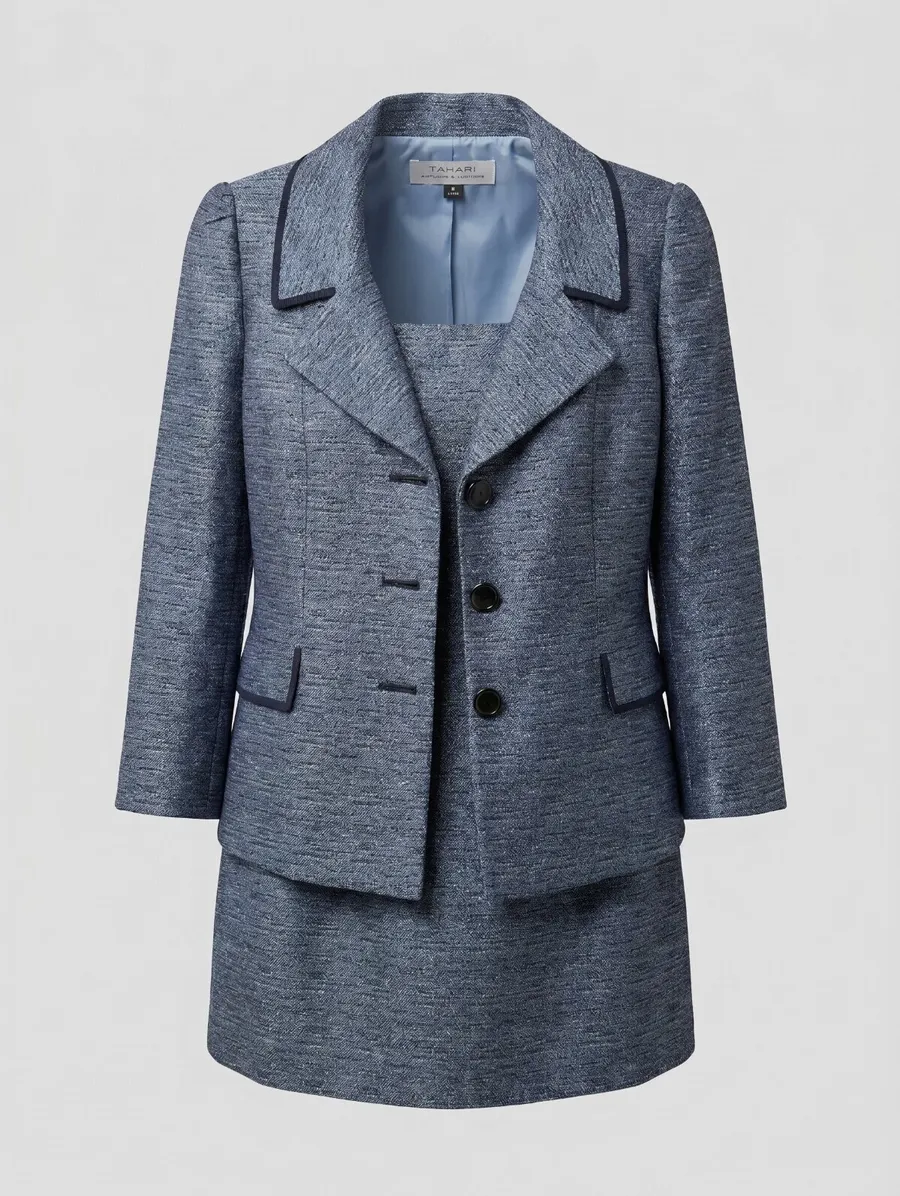 Tahari Gray Two-Piece Skirt Suit with Jacket and Spaghetti Strap Dress