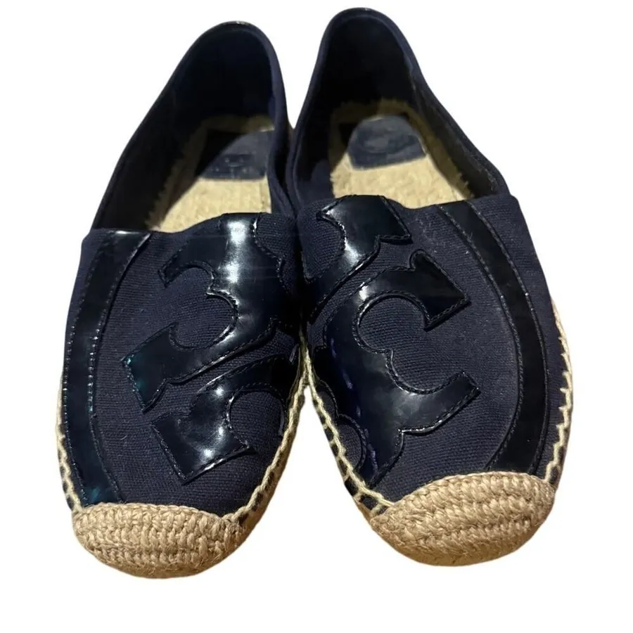 Tory Burch Blue Black Canvas and Patent Leather Poppy Espadrilles Sz. 7.5
