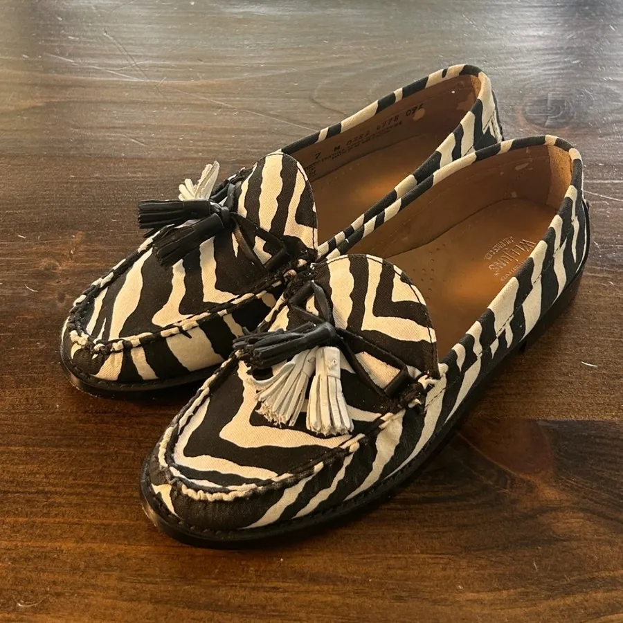 G.H. Bass Weejuns Tassel Loafers 7 Black White Zebra Animal Print Safari Preppy