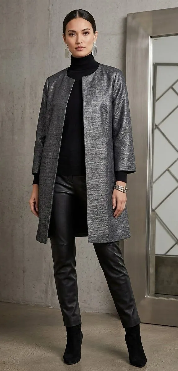Eileen Fisher Silk Linen Blend iridescent gunmetal jacquard blazer jacket PL