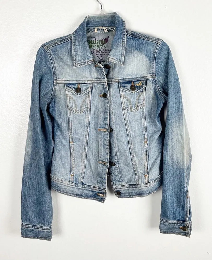 HOLLISTER Surf 1972 Light Wash Distressed Jean Jacket, Size Small
