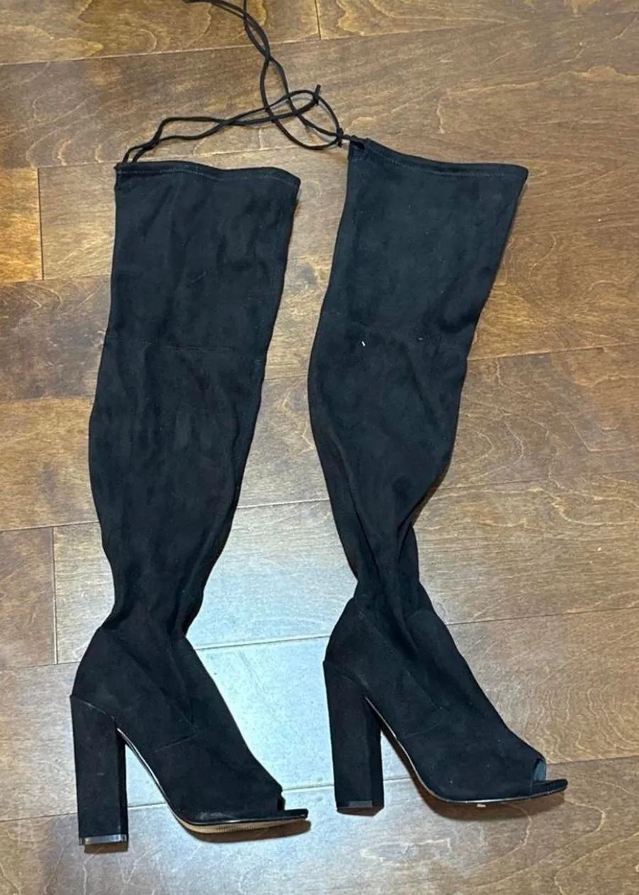Black Over-the-Knee Peep Toe Boots