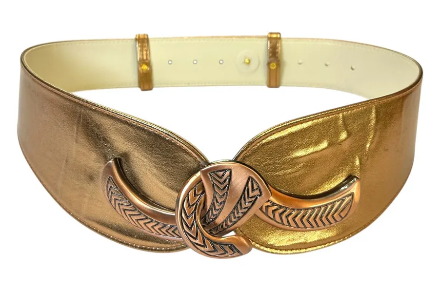 Vintage Metallic Gold Wide Cinch Belt Clasping Etched Interlocking Buckle Art Gold