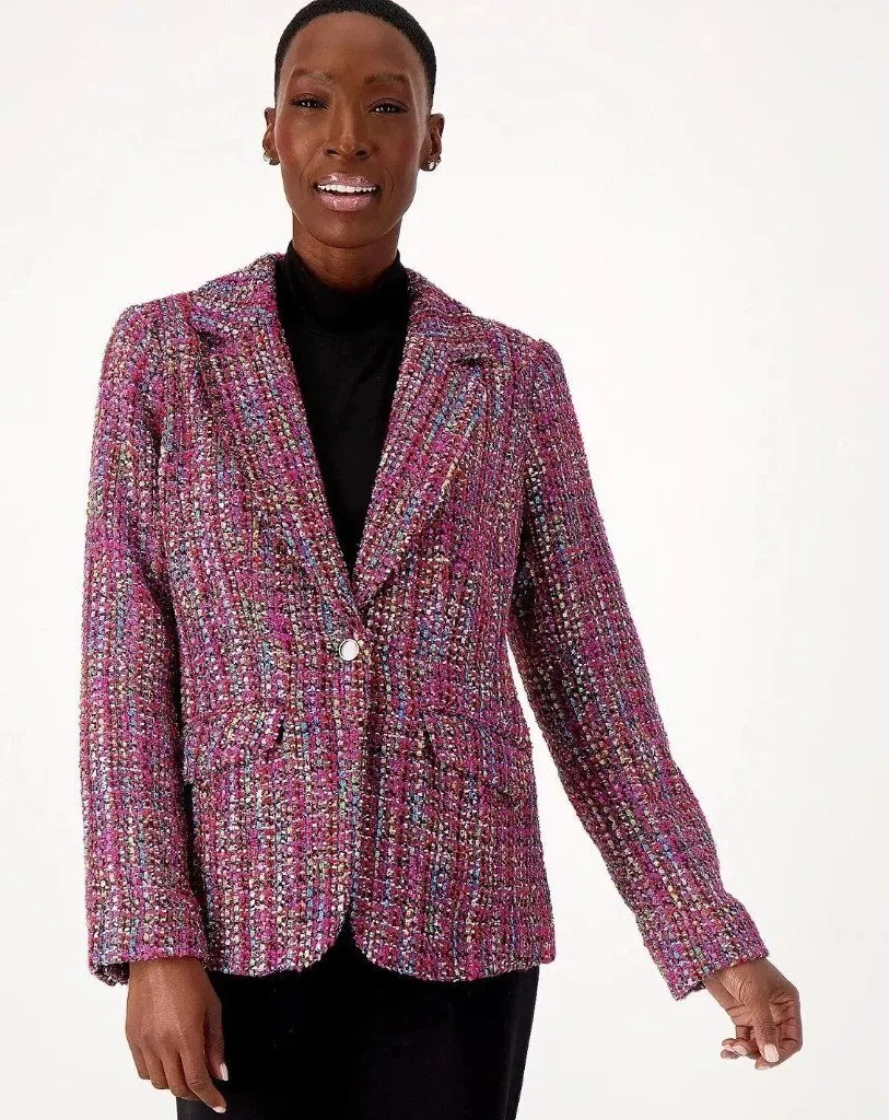 NWT Dennis Basso Womens Plus Size 24W Fuschia Multicolor Tweed Blazer Jacket NEW