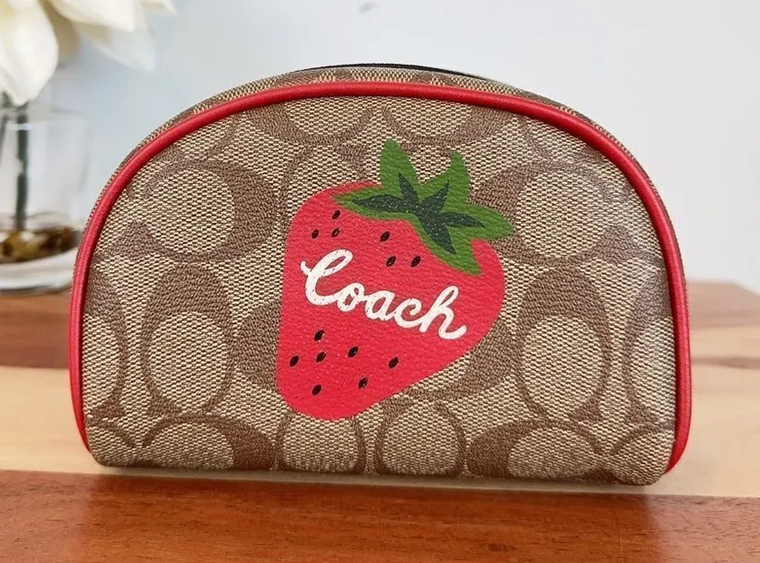NWT Coach Dome Cosmetic Case In Signature Canvas With Wild Strawberry
