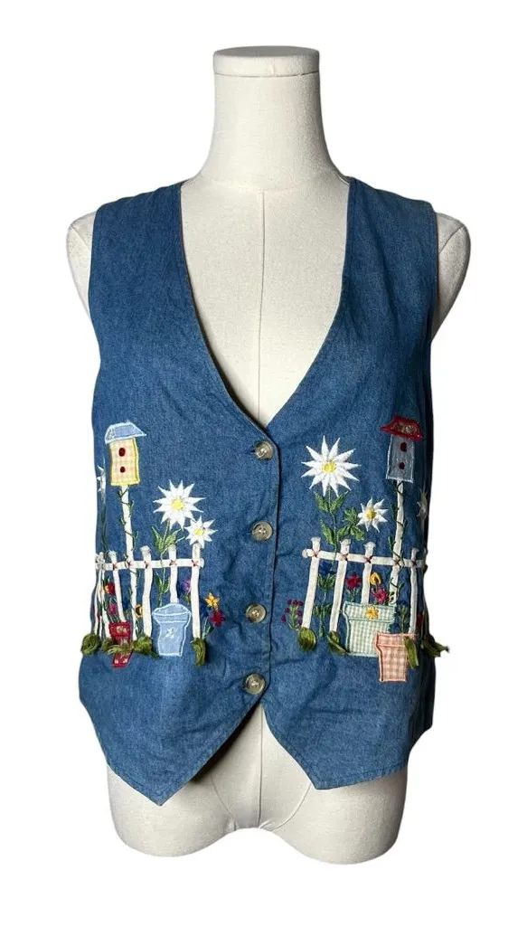 90s Vintage Garden Embroidered Denim Button Front Vest Artsy Boho Cottagecore Blue