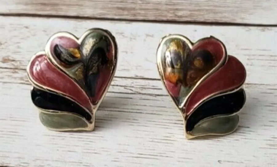 Vintage Clip On Earrings Layered Heart Multi Color Statement Earrings