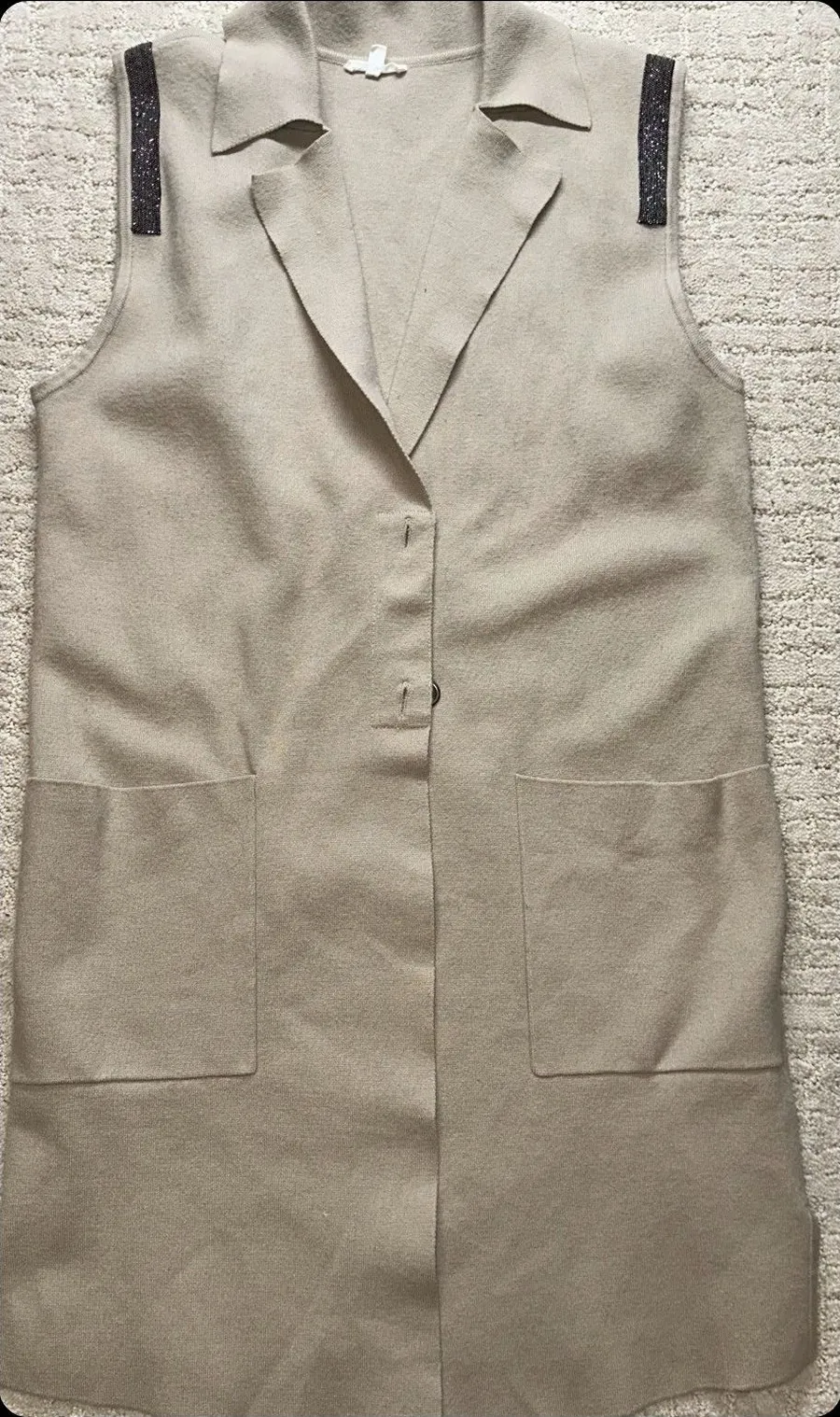 Joh. Longline Knit Vest Women S Tan Beaded Shoulder Pockets Cardigan