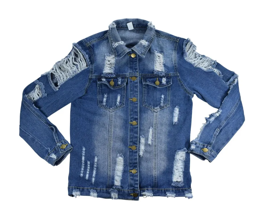Wake Pray Slay Distressed Denim Jacket Medium Wash Ripped Graphic Trucker Small Blue