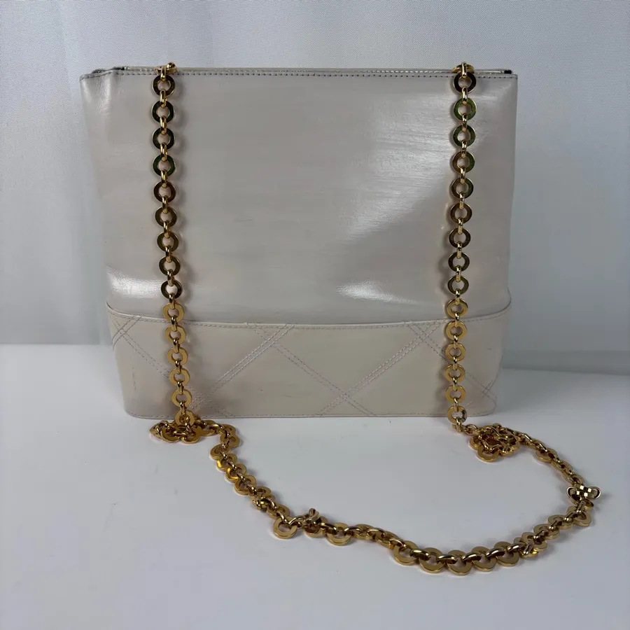 Authentic Salvatore Ferragamo Vintage Cream Leather Tote Bag Gold Chain Strap