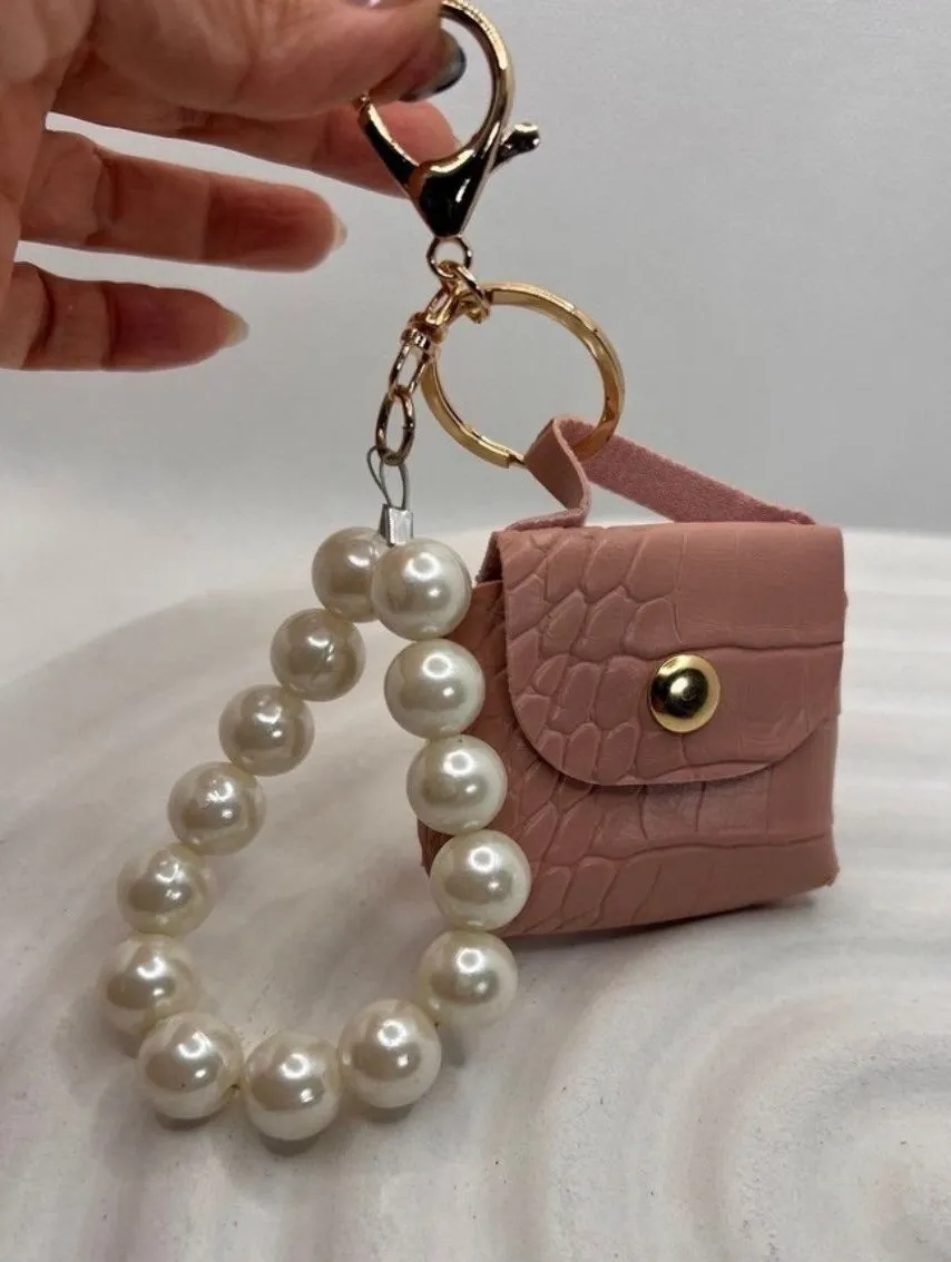 NWT Mini Purse Keychain Pink Faux Leather with Pearl Handle, Coin Holder