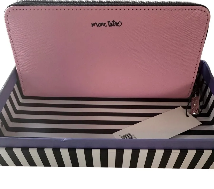 Marc Tetro Black Tuxedo Cat Zip Around Long Wallet Pink Saffiano Pop Art NIB