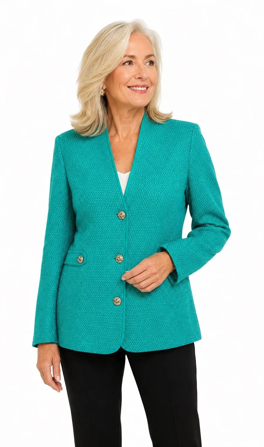 Misook Womens Emerald Green Knit Zigzag Button Front Jacket Blazer Size L