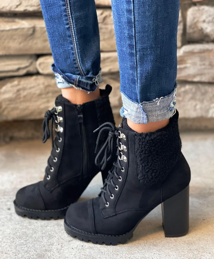 Black Sherpa Lug Sole Ankle Bootie