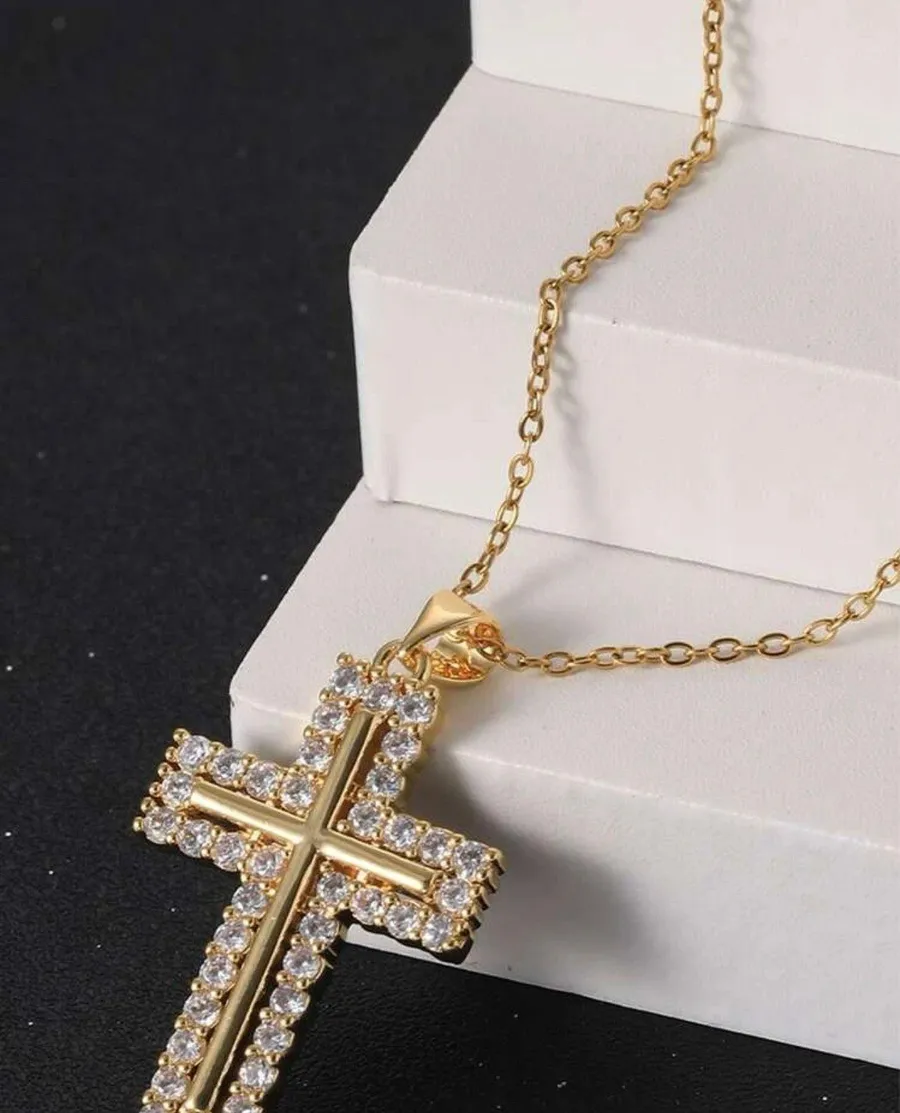 Stainless Steel Rhinestone Cross Pendant Necklace Gold