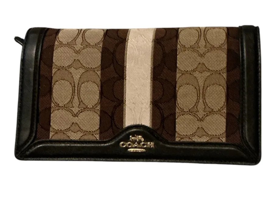 Coach Signature Canvas Stripe Crossbody Wallet Purse - Black & Tan