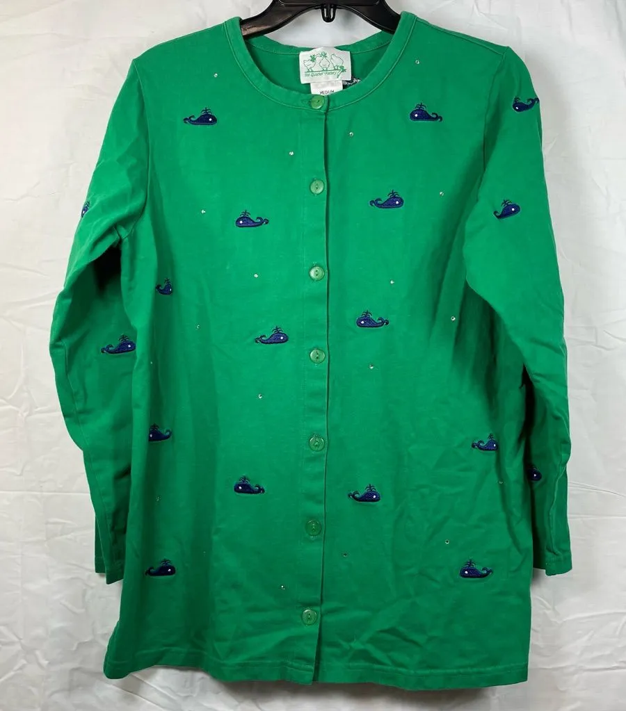 VTG Quacker Factory Green Cardigan with Whale Embroidery SZ:M