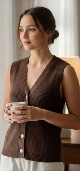 George Y2K Ribbed Chocolate Brown Button Down V Neck Vest Top Size M Vintage Size M