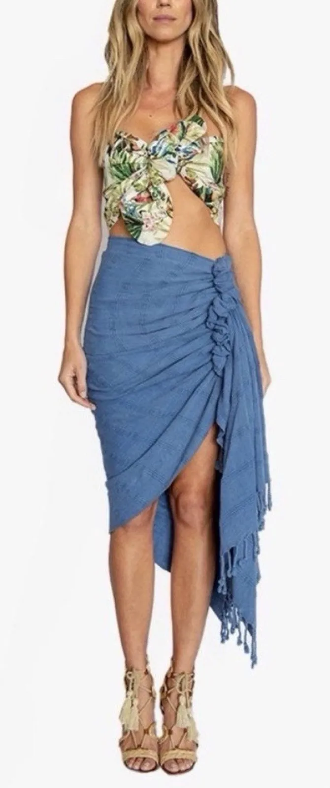 Just Bee Queen JBQ Tulum Skirt Women's Size M Blue Cotton Tassels Natural Fibers Size M