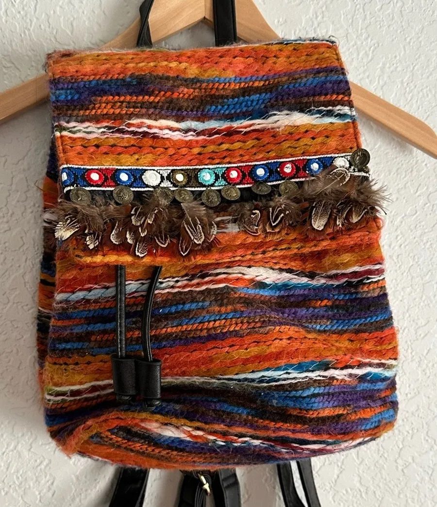Southwestern Rug Backpack Feathers Coins Embroidered Boho Western Wild West 13" Orange