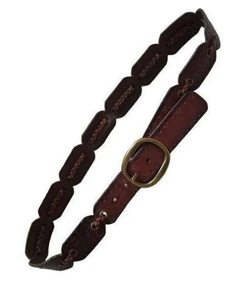 VTG Belt Braided Linked Leather Hippy Boho Hand Tooled Flowers Brass Buckle 37” Brown