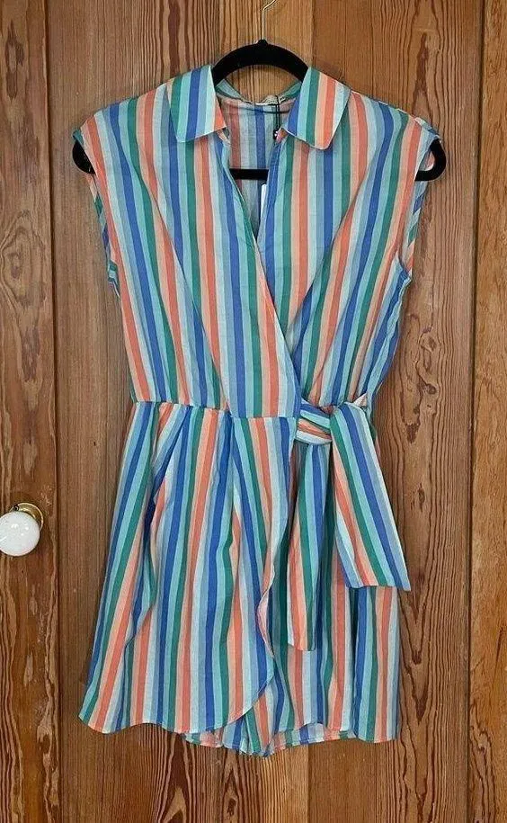 NWT Le Bain par Molly Bracken Blue Honfleur Stripe Wrap Front Jumpsuit - Sz XS