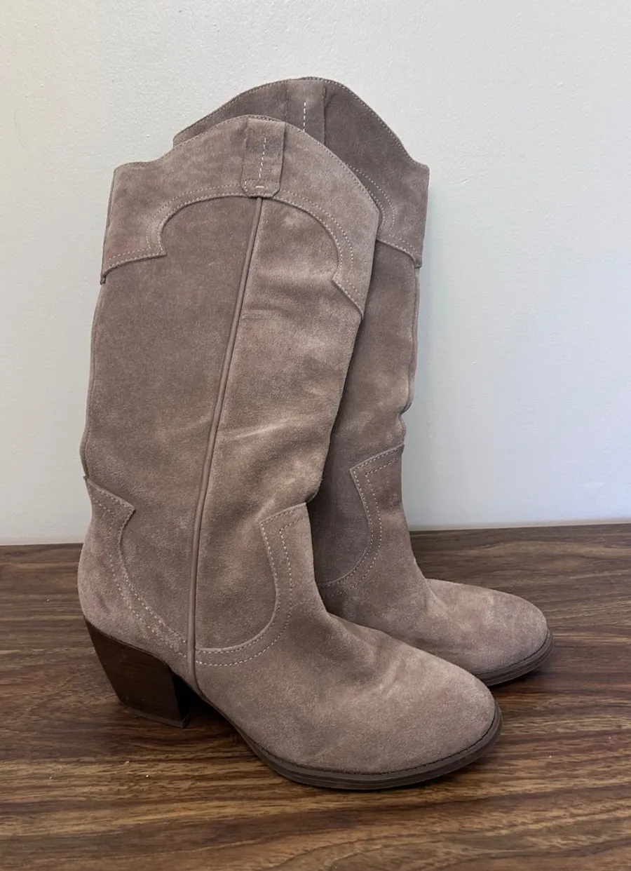 Crown Vintage Windy Taupe Suede Western Tall Boots Womens 7M Stacked Heel Tan Size 7