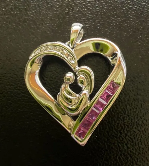 Silver Heart Pendant with created ruby and diamond