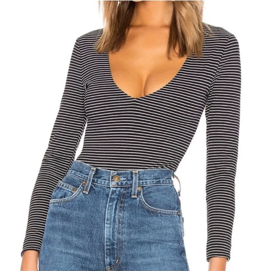 Revolve Privacy Please Black and White Striped long sleeve Bodysuit Size Small