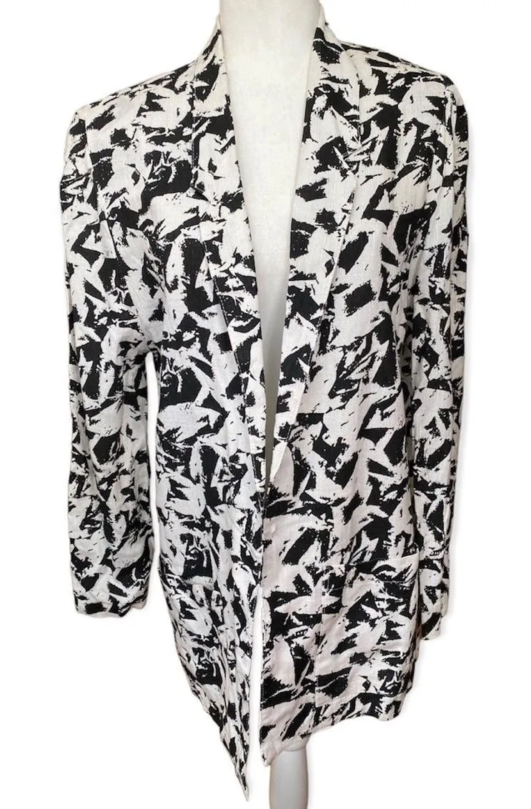 Vtg Rumours Black/White long line open rayon/ linen blend blazer Size Medium M Black