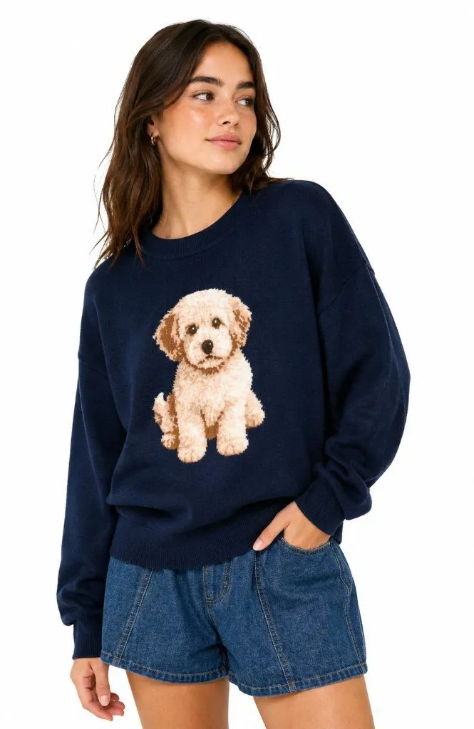 NWT Le Lis Navy Goldendoodle Dog Crew Neck Sweater Small
