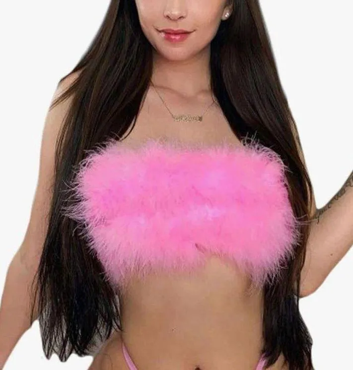 Women Feather Crop Tops Faux Fur Spaghetti Straps Tube Top