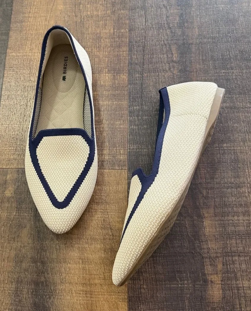 Birdies The Starling Woven Knit Loafer Flats Ivory Navy Trim Size 8