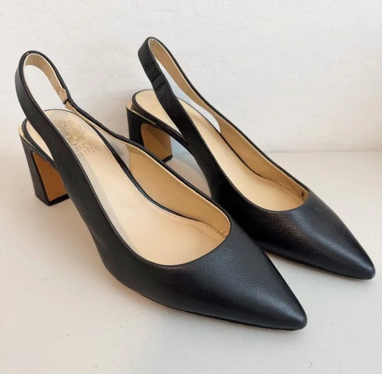 Vince Camuto Hamden Slingback Heels Size 9.5 Black Pointed Toe Leather Pumps