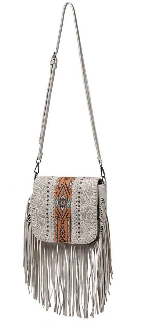 Fringed Embossed Crossbody Bag with Aztec Accents