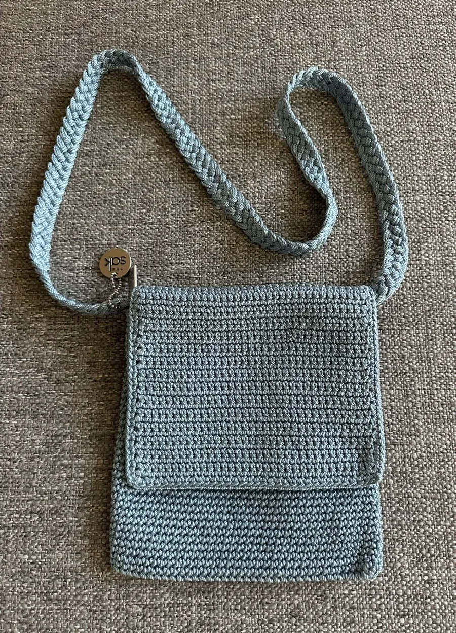 The Sak Light Blue Crochet Crossbody Bag Small Flap Braided Strap Boho Purse EUC