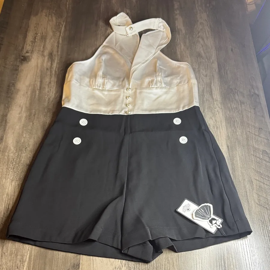 Retro Stage Pinup Romper Ivory Halter Top with Black Sailor