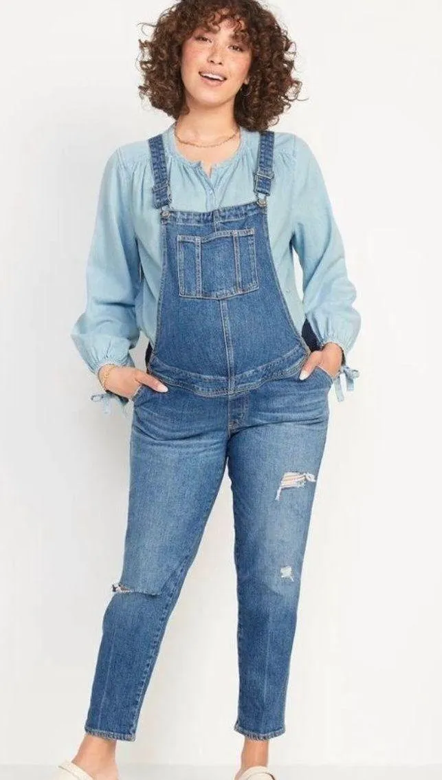 Maternity Side-Panel OG Short Straight Leg Distressed Jean Overalls