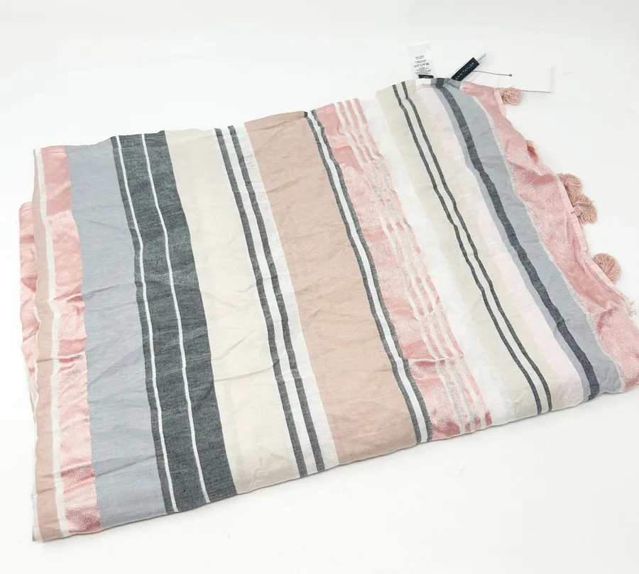 NWT Ann Taylor Womens Satin Lightweight Striped Tassel Scarf Pink Gray Beige