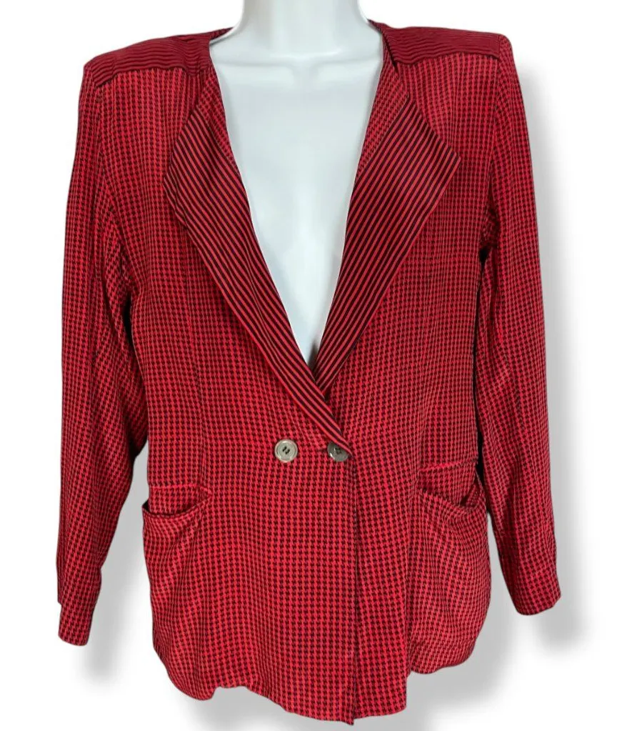 Vintage Silk Blazer Top John Yang Double Breasted Red Black Houndstooth 1980s Size 8