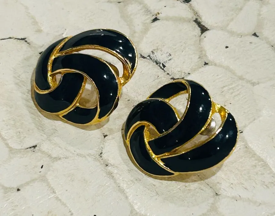 Trifari Signed Gold Tone & Navy Twisted Enamel Pierced Vintage Earrings