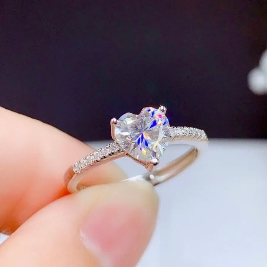 18K White Gold Plated Adjustable Crystal Love Heart 1 CT CZ Diamond Ring for Women Silver