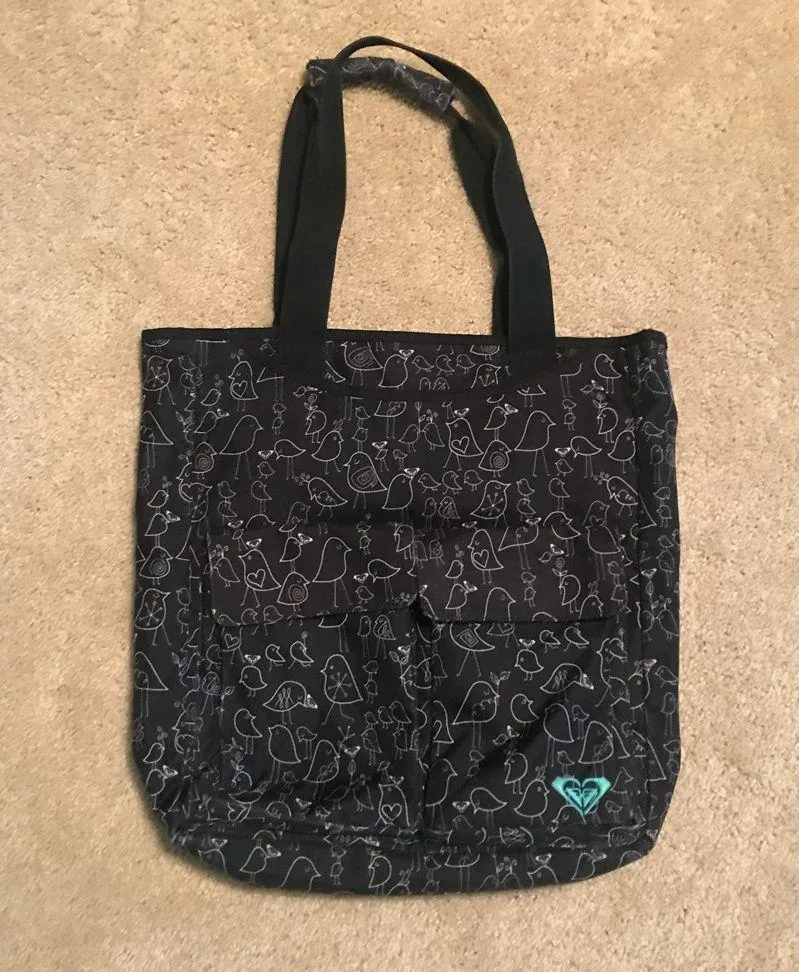 Roxy Black Tote Bag with Bird Pattern