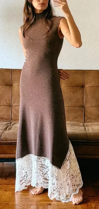 Zara NWT brown lace hem fitted long maxi dress