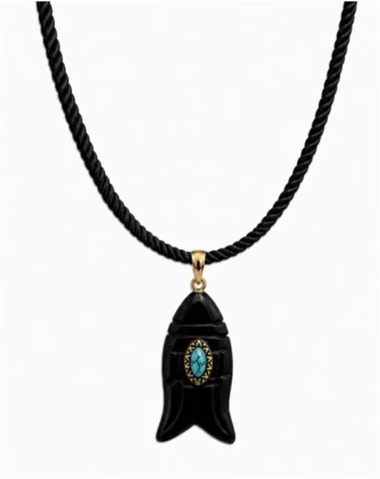 Revolve x Adina Eden Black Onyx Fish Pendant Cotton Rope Necklace in Black