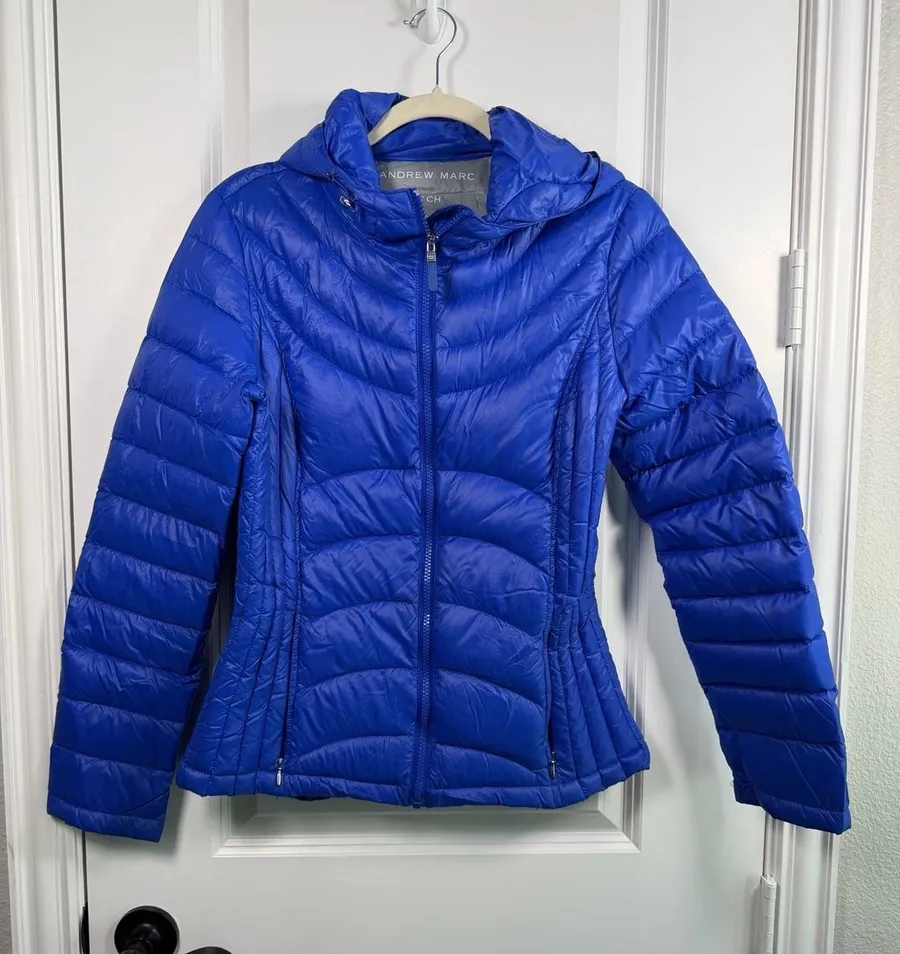 Andrew Marc Women's Blue Packable Lightweight Premium Down Puffer Jacket