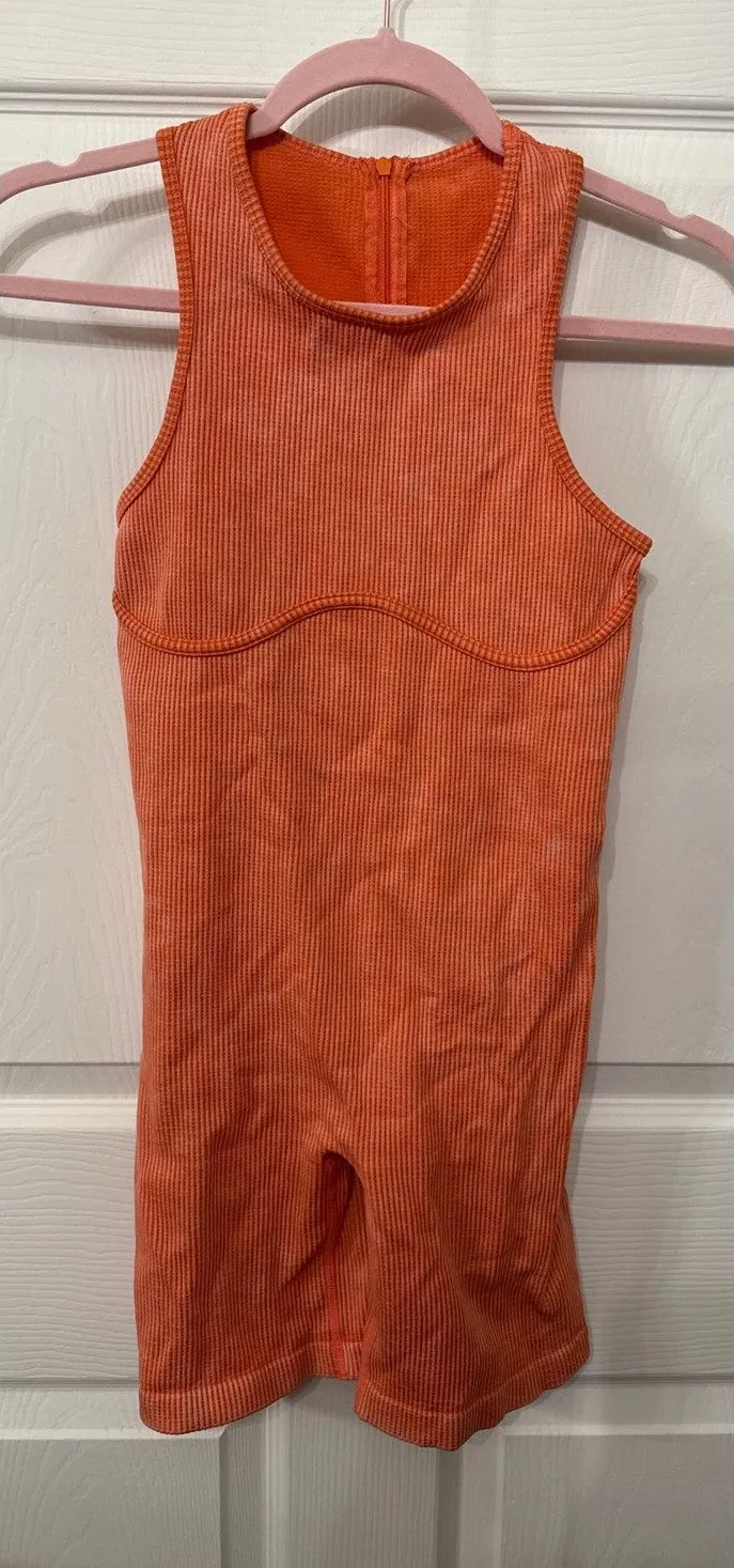 New Mix Orange Ribbed One-Piece Compression Exercise Shorts Suit, L/XL