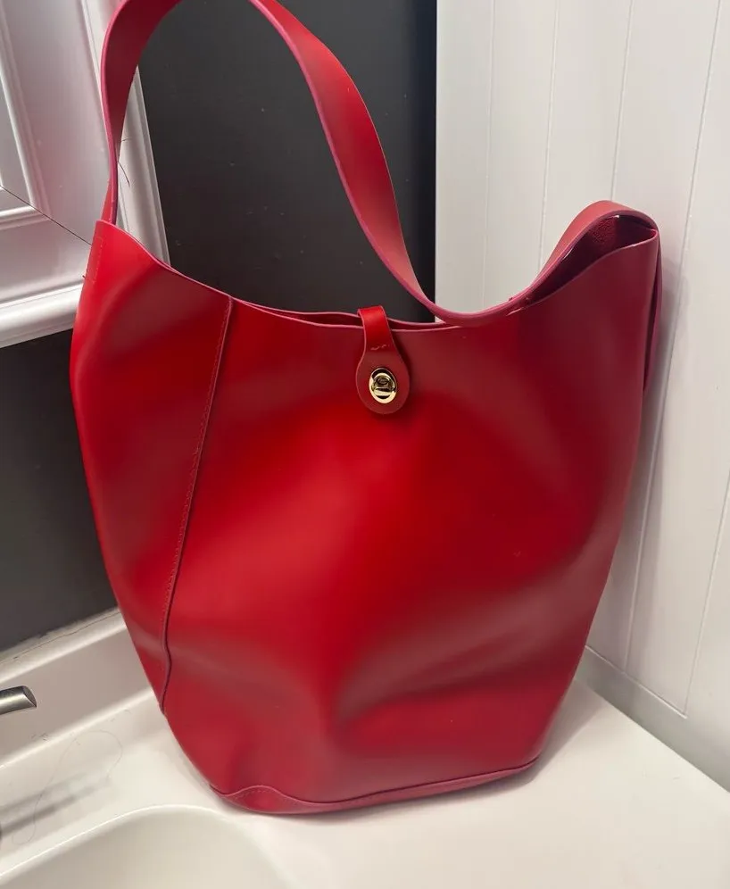 Red Leather Shoulder Tote Bag