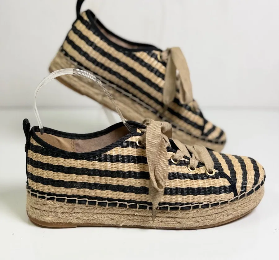 Sam Edelman Celina Raffia Platform Espadrille Sneakers Women 9 Black Tan Stripe
