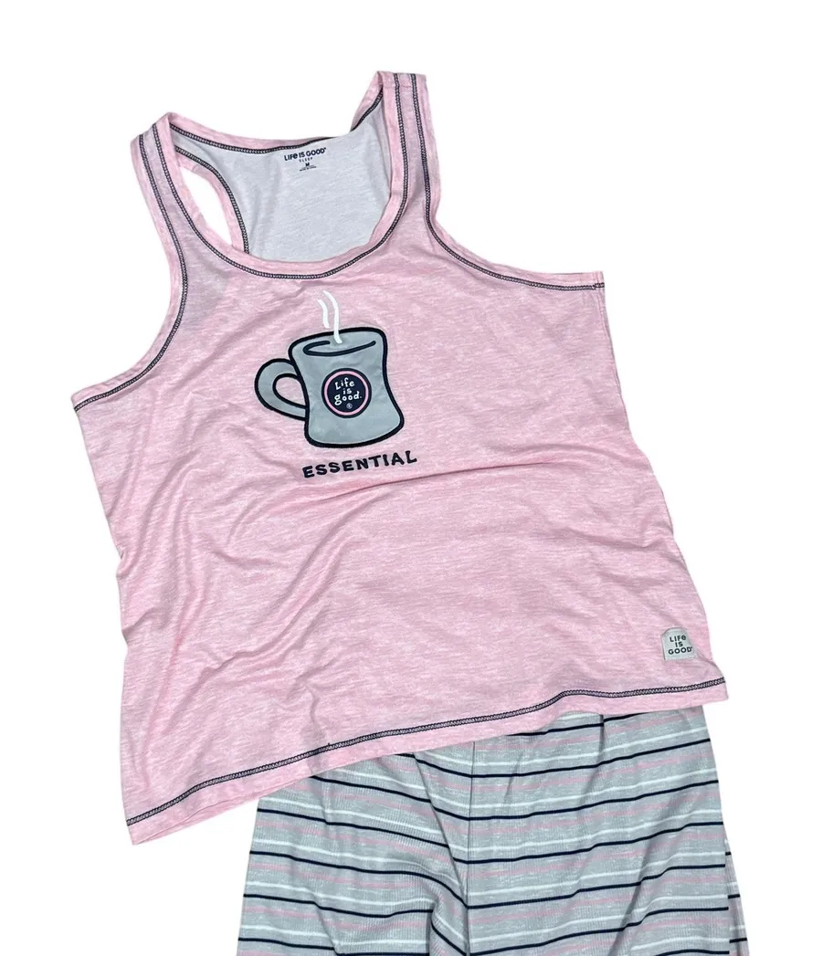Life is Good Steaming Mug Pajama Set Stripe Pants Tank Womens Medium
